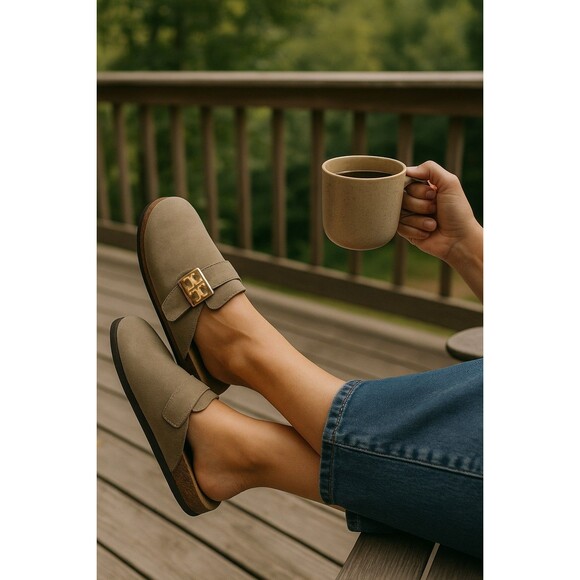 Tory Burch Mellow Suede Mules 9.5 Taupe Cork Sole Logo Slides - Picture 15 of 15